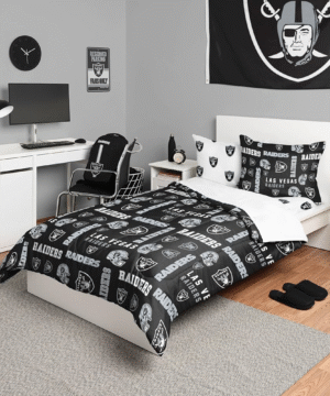 Las Vegas Raiders NFL Black & Silver Logo Pattern Bedding Set