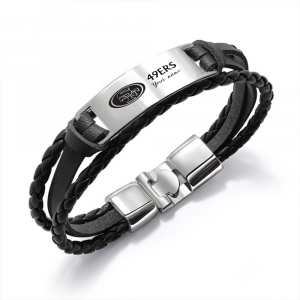 San Francisco 49ers NFL Personalized Leather Bracelet – Black Braided Strap with Stainless Steel Engraving Plate