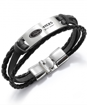San Francisco 49ers NFL Personalized Leather Bracelet – Black Braided Strap with Stainless Steel Engraving Plate