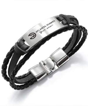 Atlanta Hawks NBA Personalized Leather Bracelet – Black Braided Strap with Stainless Steel Engraving Plate