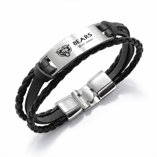 Chicago Bears NFL Personalized Leather Bracelet – Black Braided Strap with Stainless Steel Engraving Plate