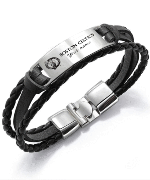 Boston Celtics NBA Personalized Leather Bracelet – Black Braided Strap with Stainless Steel Engraving Plate