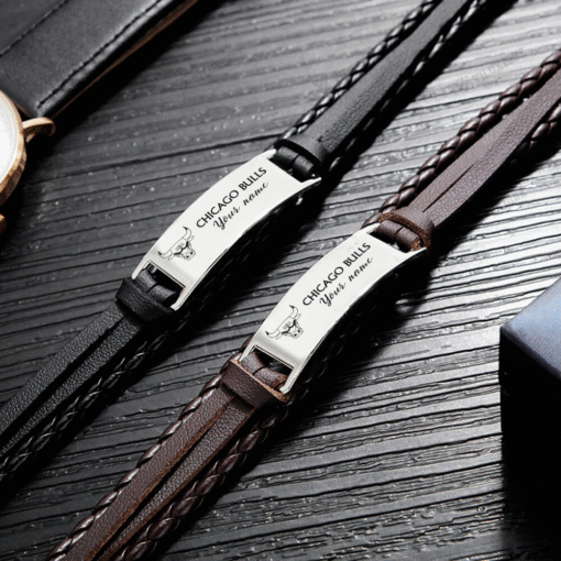 Chicago Bulls NBA Personalized Leather Bracelet – Black Braided Strap with Stainless Steel Engraving Plate - Image 5