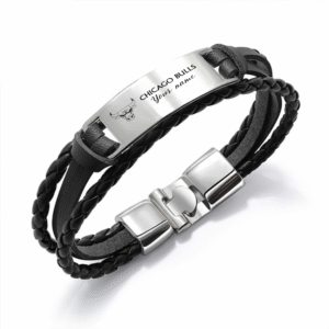 Chicago Bulls NBA Personalized Leather Bracelet – Black Braided Strap with Stainless Steel Engraving Plate