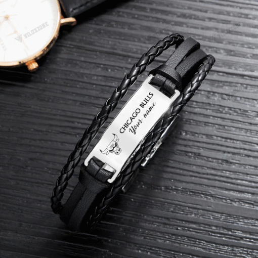 Chicago Bulls NBA Personalized Leather Bracelet – Black Braided Strap with Stainless Steel Engraving Plate - Image 4