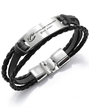 Cleveland Cavaliers NBA Personalized Leather Bracelet – Black Braided Strap with Stainless Steel Engraving Plate