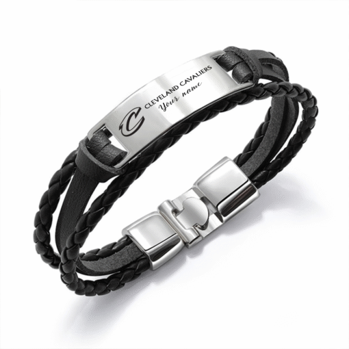 Cleveland Cavaliers NBA Personalized Leather Bracelet – Black Braided Strap with Stainless Steel Engraving Plate