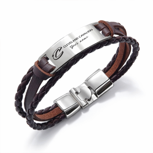 Cleveland Cavaliers NBA Personalized Leather Bracelet – Black Braided Strap with Stainless Steel Engraving Plate - Image 3