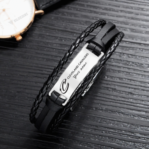 Cleveland Cavaliers NBA Personalized Leather Bracelet – Black Braided Strap with Stainless Steel Engraving Plate - Image 4