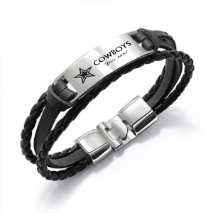 Dallas Cowboys NFL Personalized Leather Bracelet – Black Braided Strap with Stainless Steel Engraving Plate