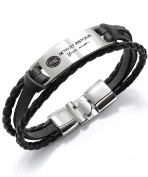 Detroit Pistons NBA Personalized Leather Bracelet – Black Braided Strap with Stainless Steel Engraving Plate