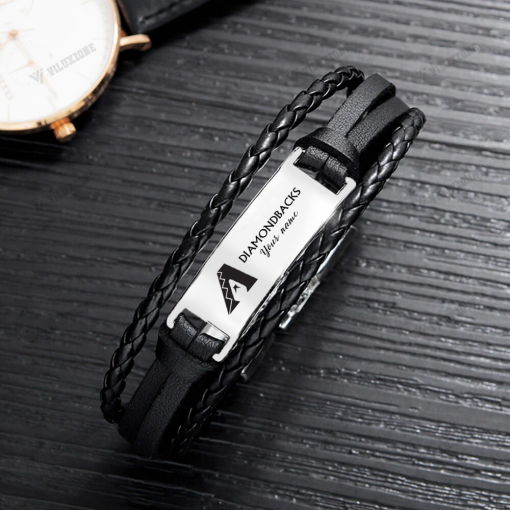 Arizona Diamondbacks MLB Personalized Leather Bracelet – Black Braided Strap with Stainless Steel Engraving Plate - Image 4