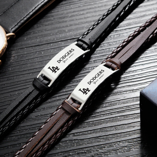 Los Angeles Dodgers MLB Personalized Leather Bracelet – Black Braided Strap with Stainless Steel Engraving Plate - Image 5
