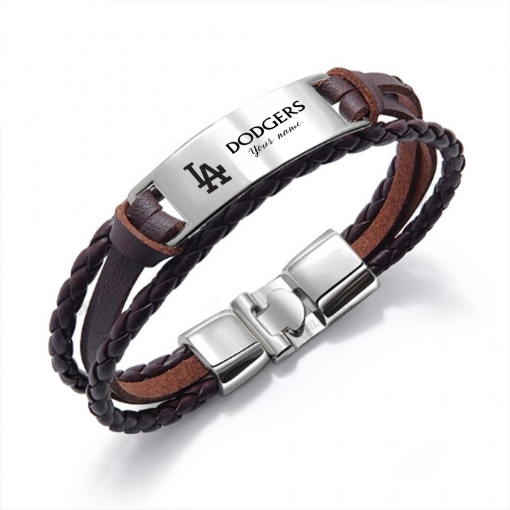 Los Angeles Dodgers MLB Personalized Leather Bracelet – Black Braided Strap with Stainless Steel Engraving Plate - Image 3