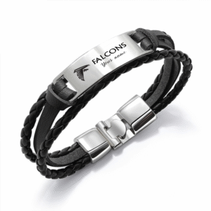 Atlanta Falcons NFL Personalized Leather Bracelet – Black Braided Strap with Stainless Steel Engraving Plate