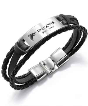 Atlanta Falcons NFL Personalized Leather Bracelet – Black Braided Strap with Stainless Steel Engraving Plate