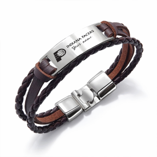 Indiana Pacers NBA Personalized Leather Bracelet – Black Braided Strap with Stainless Steel Engraving Plate - Image 2