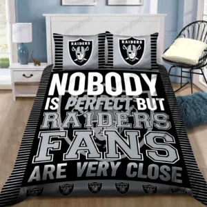 Las Vegas Raiders NFL Quote Bedding Set – “Nobody Is Perfect But Raiders Fans Are Very Close” Black & Silver