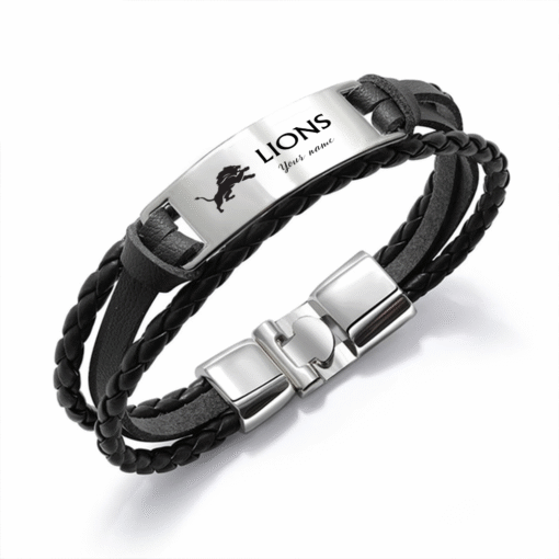 Detroit Lions NFL Personalized Leather Bracelet – Black Braided Strap with Stainless Steel Engraving Plate