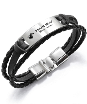 Miami Heat NBA Personalized Leather Bracelet – Black Braided Strap with Stainless Steel Engraving Plate