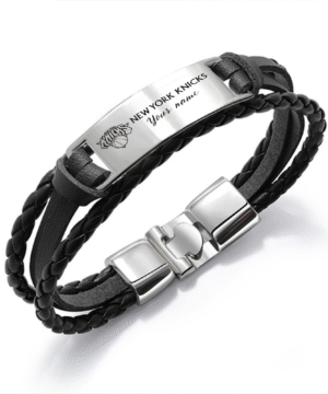 New York Knicks NBA Personalized Leather Bracelet – Black Braided Strap with Stainless Steel Engraving Plate