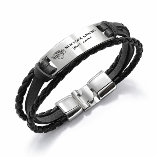 New York Knicks NBA Personalized Leather Bracelet – Black Braided Strap with Stainless Steel Engraving Plate