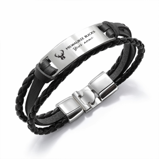 Milwaukee Bucks NBA Personalized Leather Bracelet – Black Braided Strap with Stainless Steel Engraving Plate
