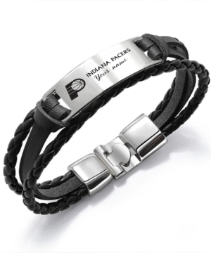 Indiana Pacers NBA Personalized Leather Bracelet – Black Braided Strap with Stainless Steel Engraving Plate