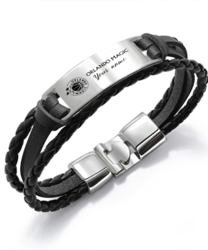 Orlando Magic NBA Personalized Leather Bracelet – Black Braided Strap with Stainless Steel Engraving Plate