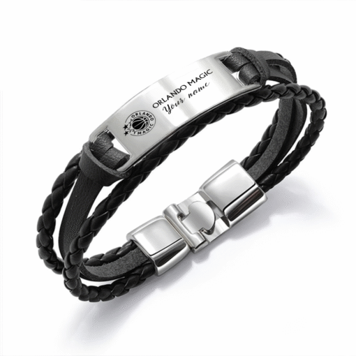 Orlando Magic NBA Personalized Leather Bracelet – Black Braided Strap with Stainless Steel Engraving Plate