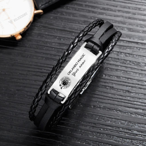Orlando Magic NBA Personalized Leather Bracelet – Black Braided Strap with Stainless Steel Engraving Plate - Image 4