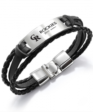 Colorado Rockies MLB Personalized Leather Bracelet – Black Braided Strap with Stainless Steel Engraving Plate