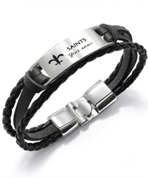 New Orleans Saints NFL Personalized Leather Bracelet – Black Braided Strap with Stainless Steel Engraving Plate