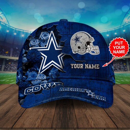 Dallas Cowboys NFL Personalized Floral Steel Design Baseball Cap – Custom Name, Blue Rose & Star Logo with “America’s Team” Text - Image 2