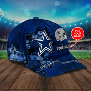 Dallas Cowboys NFL Personalized Floral Steel Design Baseball Cap – Custom Name, Blue Rose & Star Logo with “America’s Team” Text