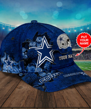 Dallas Cowboys NFL Personalized Floral Steel Design Baseball Cap – Custom Name, Blue Rose & Star Logo with “America’s Team” Text