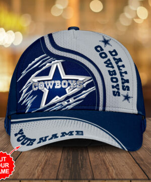 Dallas Cowboys NFL Personalized Scratch Claw Mark Baseball Cap – Custom Name, Navy & Gray Two-Tone Design with Star Logo