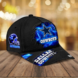 Dallas Cowboys NFL Lightning Design Baseball Cap – Black Textured Fabric with Electric Blue Star Logo and Helmet Graphic