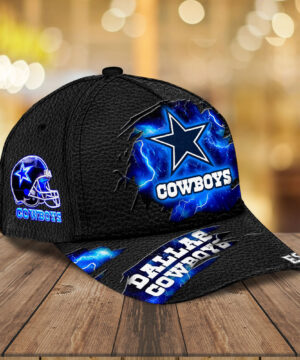 Dallas Cowboys NFL Lightning Design Baseball Cap – Black Textured Fabric with Electric Blue Star Logo and Helmet Graphic