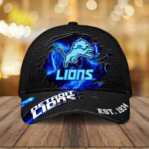Detroit Lions NFL Lightning Design Baseball Cap – Black Textured Fabric with Electric Blue Lion Logo and Est. 1934 Detail - Image 2