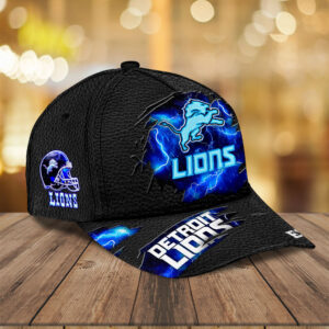 Detroit Lions NFL Lightning Design Baseball Cap – Black Textured Fabric with Electric Blue Lion Logo and Est. 1934 Detail