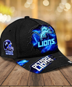 Detroit Lions NFL Lightning Design Baseball Cap – Black Textured Fabric with Electric Blue Lion Logo and Est. 1934 Detail