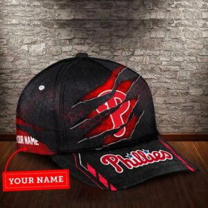 Philadelphia Phillies MLB Personalized Scratch Claw Mark Baseball Cap – Custom Name, Red & Black Honeycomb Design