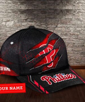 Philadelphia Phillies MLB Personalized Scratch Claw Mark Baseball Cap – Custom Name, Red & Black Honeycomb Design