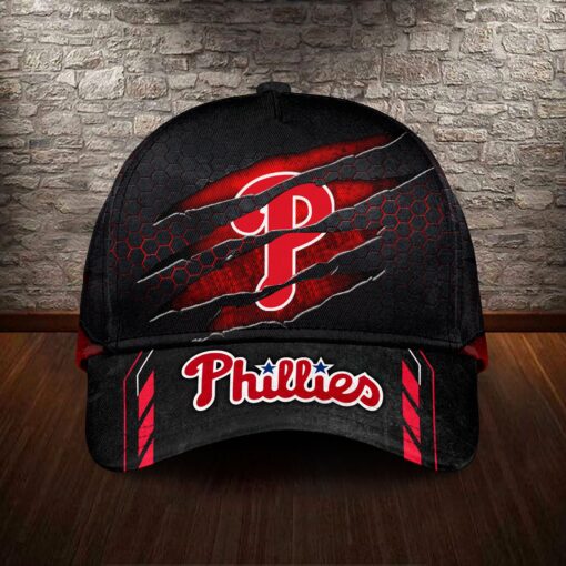 Philadelphia Phillies MLB Personalized Scratch Claw Mark Baseball Cap – Custom Name, Red & Black Honeycomb Design - Image 2