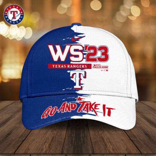 Texas Rangers MLB WS ’23 World Series Baseball Cap – Blue & White Split Design, “Go and Take It” Championship Edition - Image 2