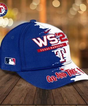 Texas Rangers MLB WS ’23 World Series Baseball Cap – Blue & White Split Design, “Go and Take It” Championship Edition