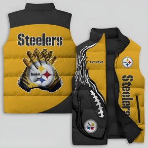 Pittsburgh Steelers NFL Custom Name Puffer Vest - Warm Quilted Sleeveless Jacket