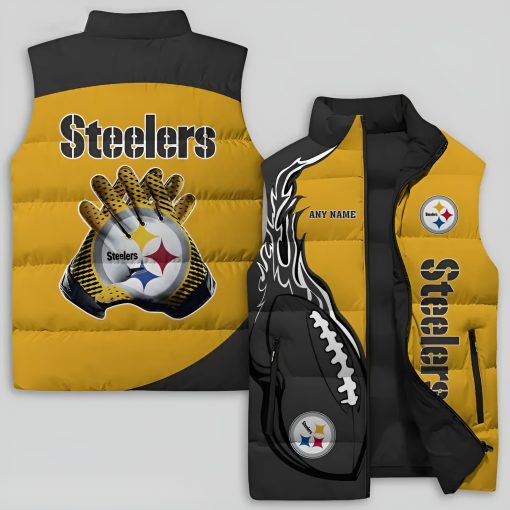 Pittsburgh Steelers NFL Custom Name Puffer Vest - Warm Quilted Sleeveless Jacket - Image 2