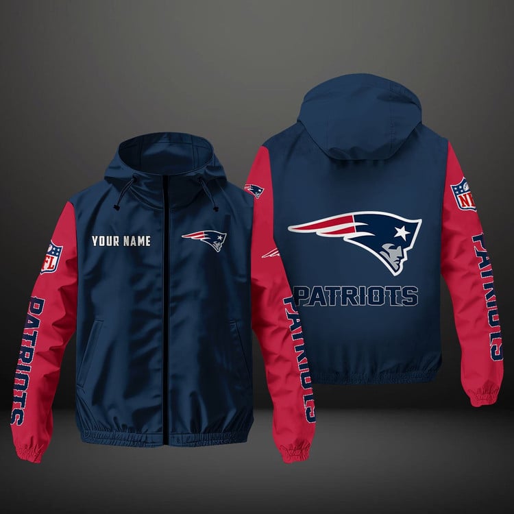 New England Patriots NFL Hooded Windbreaker Jacket | Custom Name Lightweight Fan Outerwear